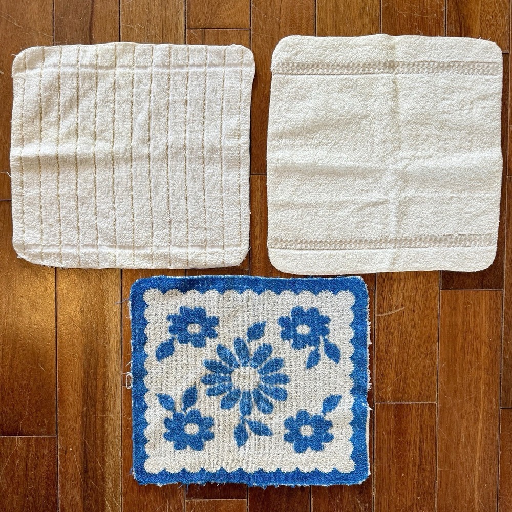 3pc VTG 60s MCM Sears Harmony House Fieldcrest Washcloths Blue Gold Lamé USA